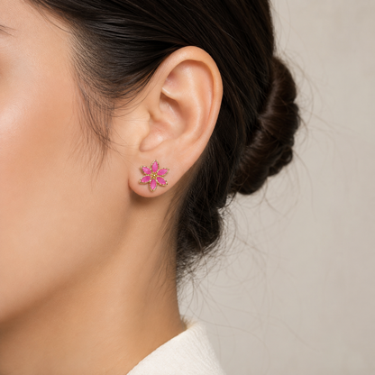 Pink Floral Gold-Plated Stud Earrings for Women