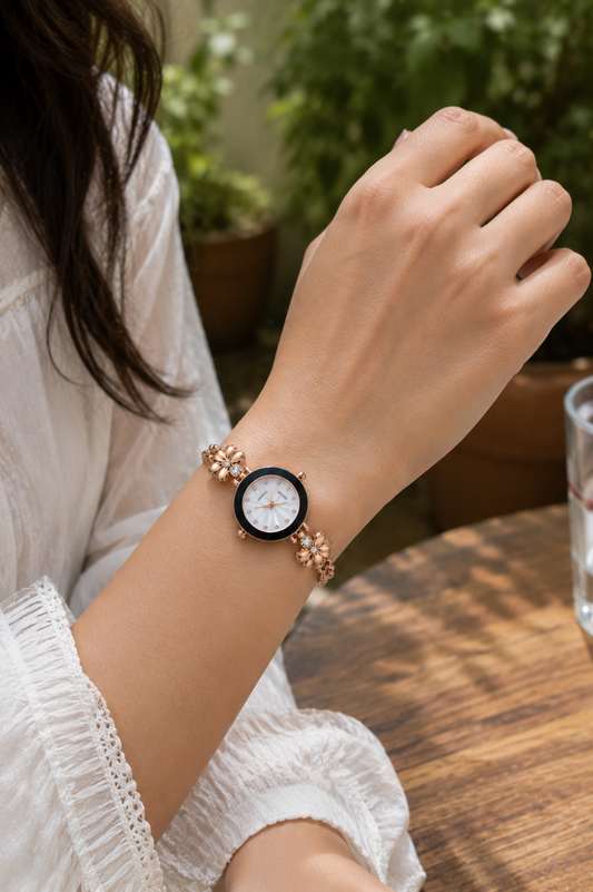 Rose Gold Floral Crystal Watch