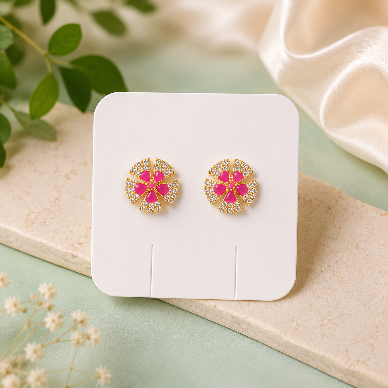 Luxury Pink Floral Crystal Stud Earrings for Women