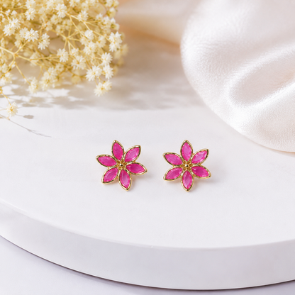 Pink Floral Gold-Plated Stud Earrings for Women