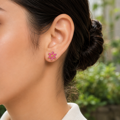 Pink Floral Gold-Plated Stud Earrings for Women