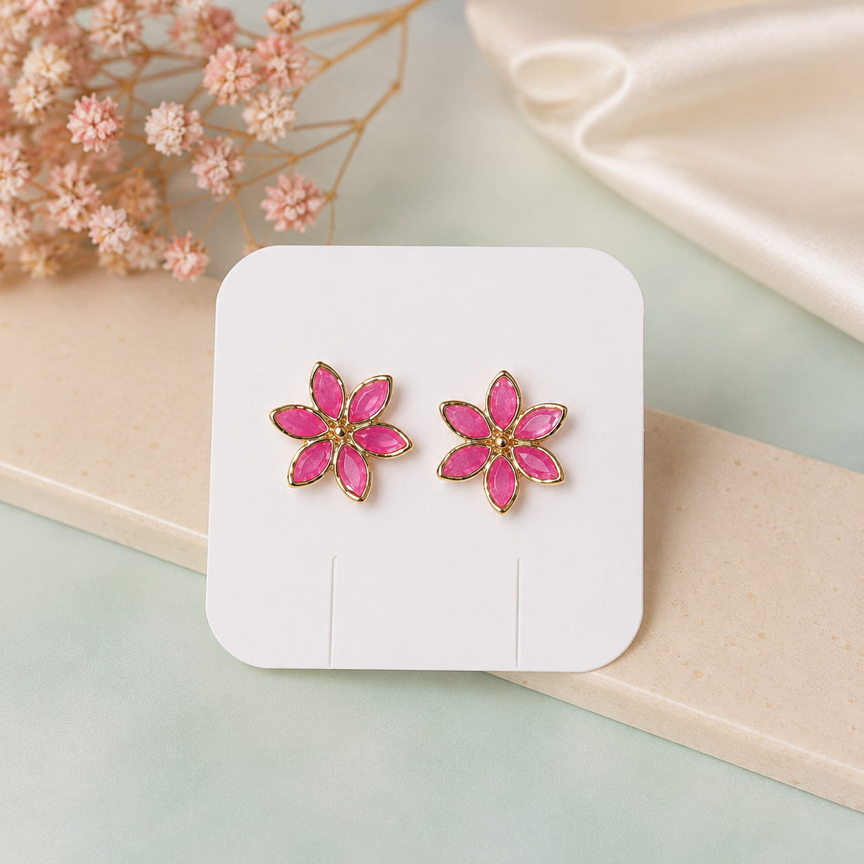 Pink Floral Gold-Plated Stud Earrings for Women
